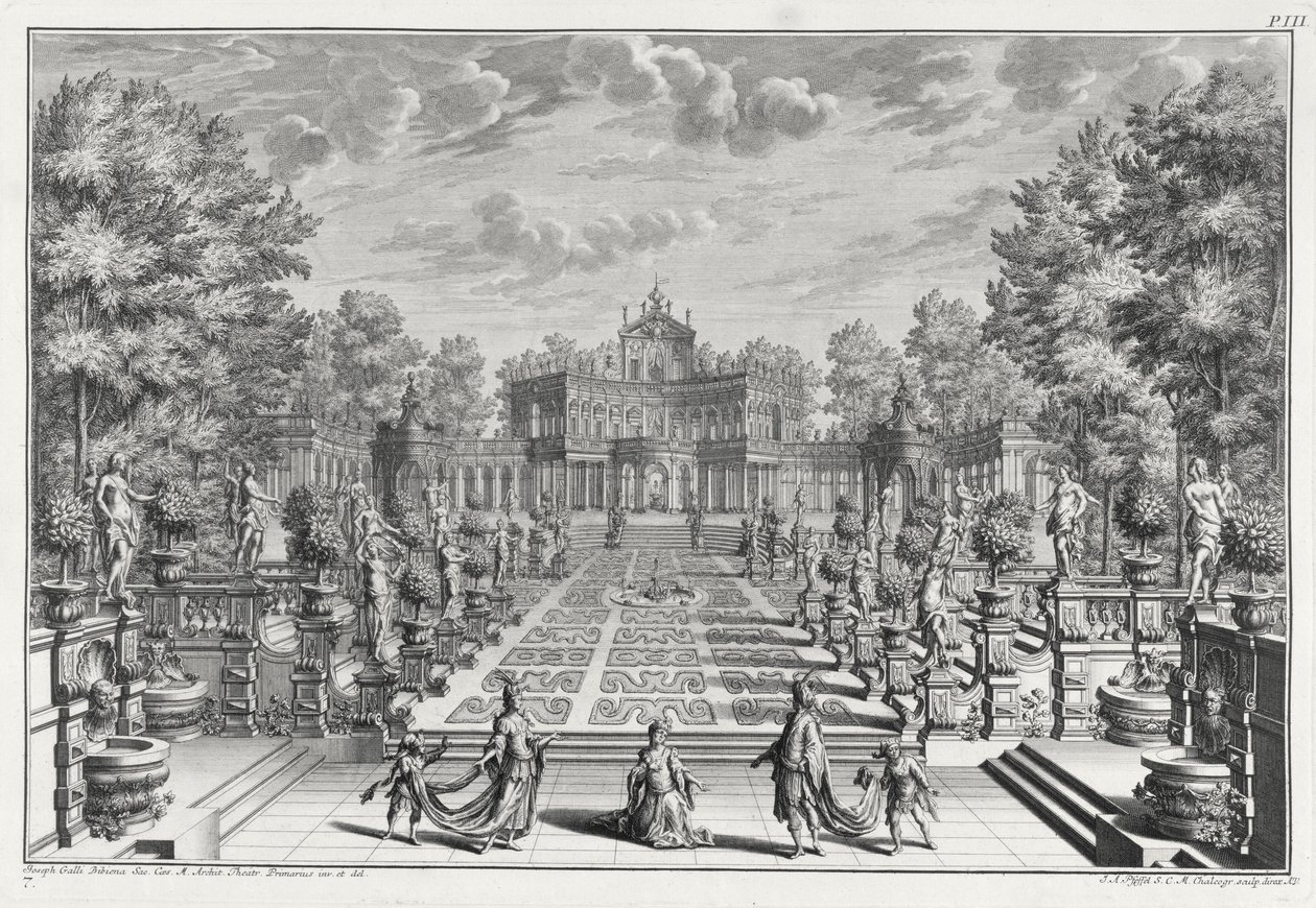 ヨハンアンドレアスフェッフェル（1674-1748）によって彫刻されたArchitectus Theatralis Primariusによる庭園のオペラの舞台、1740年出版 作： ジュゼッペ・ビビエナ