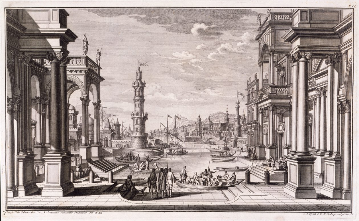 「Architectus Theatralis Primarius」からのバロック様式の柱のある小さな港、1740年公開 作： ジュゼッペ・ビビエナ