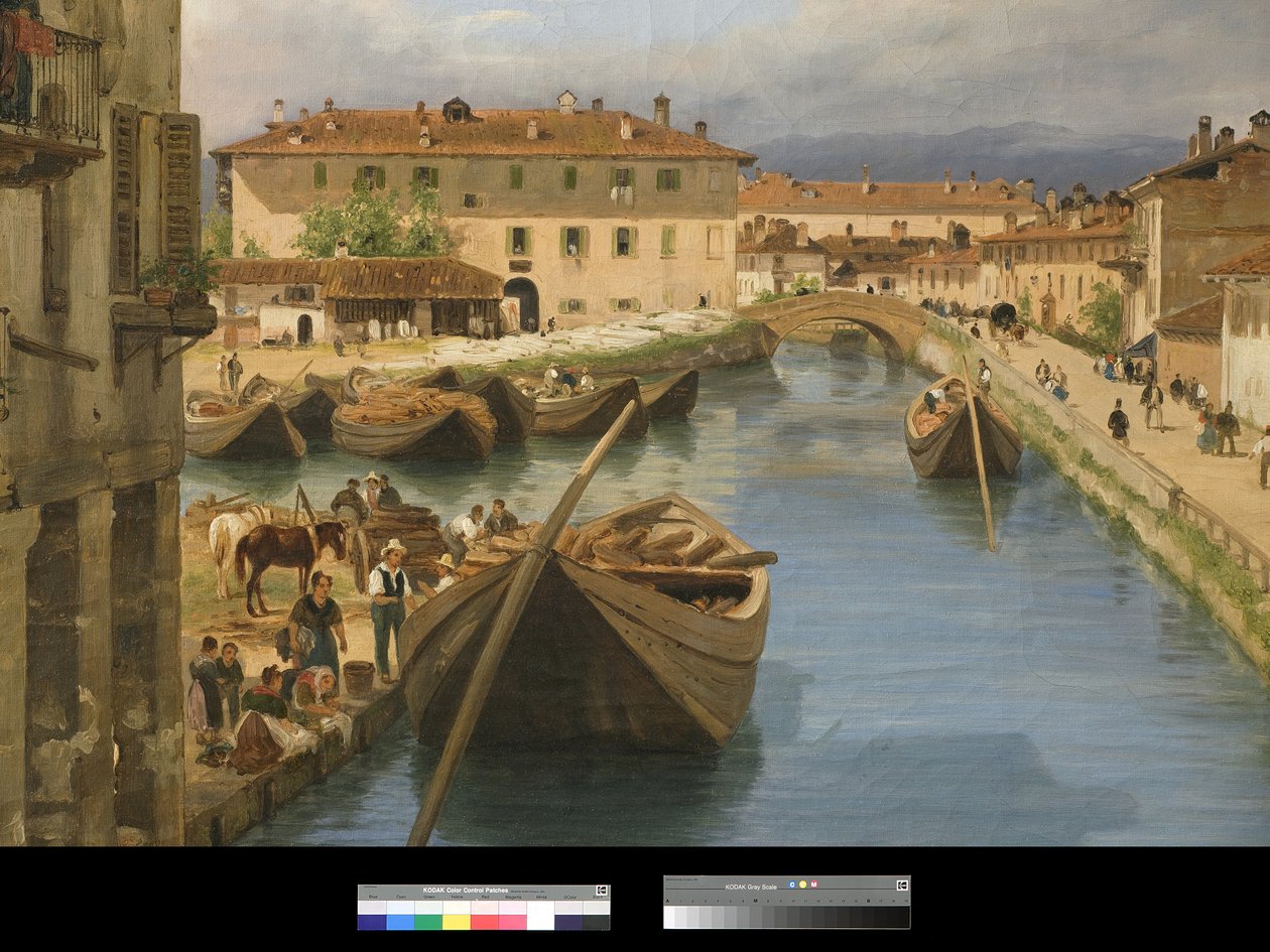 1834年、ミラノのサンマルコ橋からのナビリオ運河の眺め 作： ジュゼッペ・カネラ