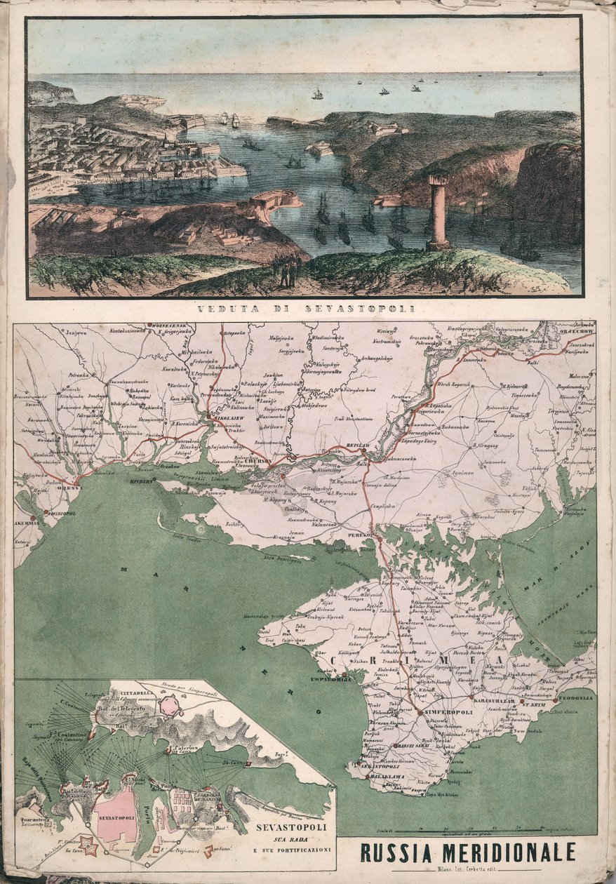 セヴァストポリ湾とその要塞を望む南ロシアの地図、1853 年。 作： ジュゼッペ・シヴェッリ