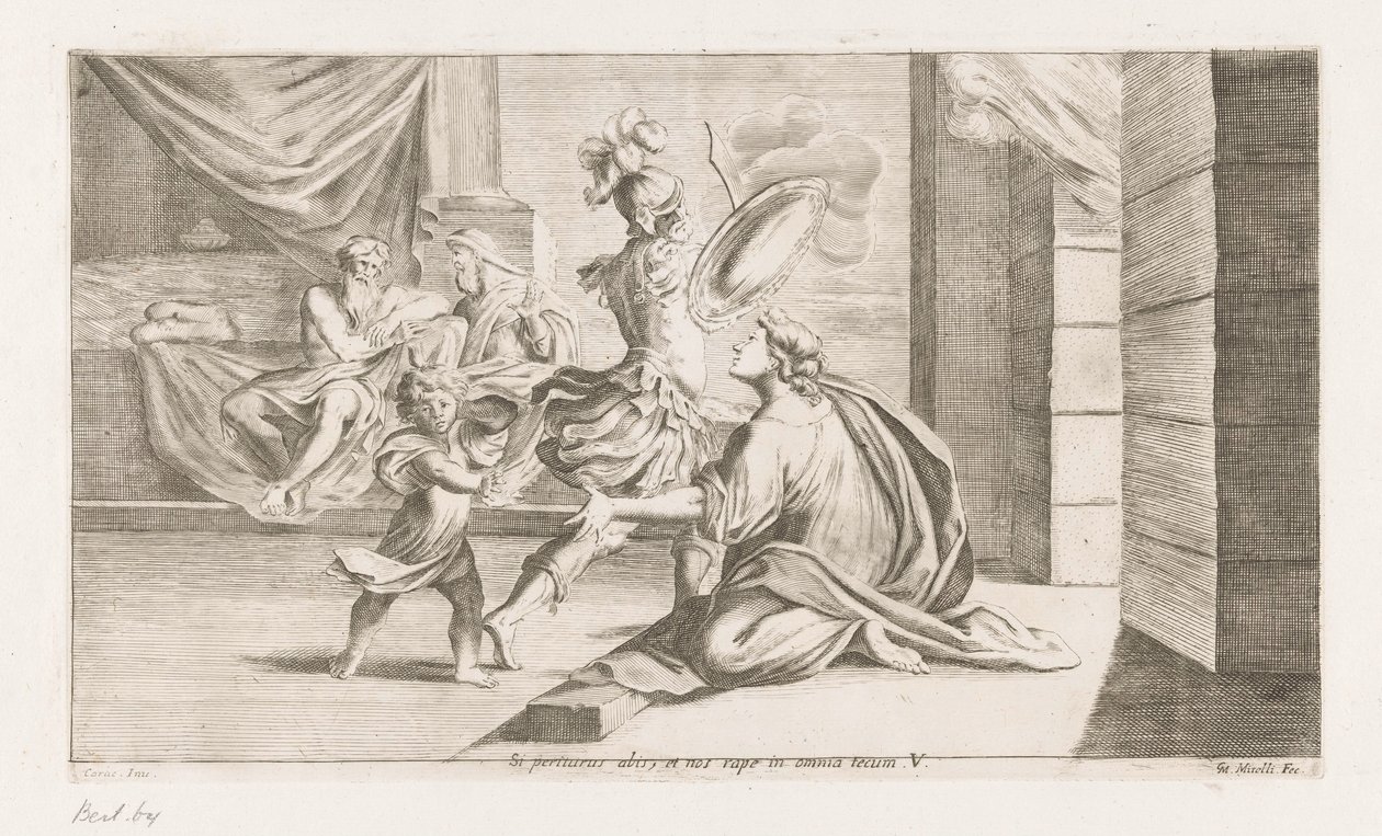 Aeneas は voor de strijd を出発します あなたが滅びようとしているなら、あなたは行って、私たちを万物に携挙してくださいます（オブジェクトのタイトル） Omzwervingen van Aeneas (シリーズタイトル) レネア・ヴァガンテ・カラッチの絵画（シリーズタイトル） 作： ジュゼッペ・マリア・ミテリ