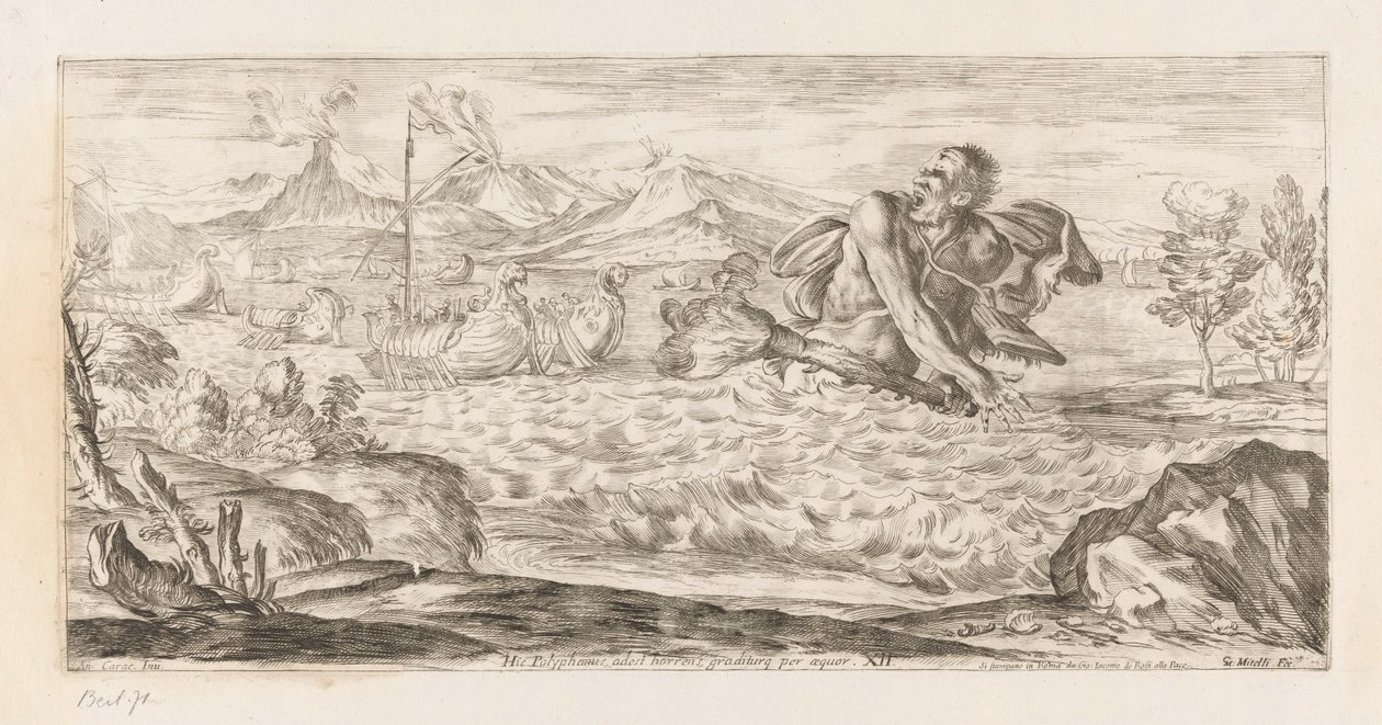Polyphemus achtervolgt de vloot van Aeneas ここにポリュペーモスが存在し、恐ろしく、平原を大股で横切っています (オブジェクトのタイトル) Omzwervingen van Aeneas (シリーズタイトル) カラッチによるレネア ヴァガンテの絵画 (シリーズ タイトル) 作： ジュゼッペ・マリア・ミテリ