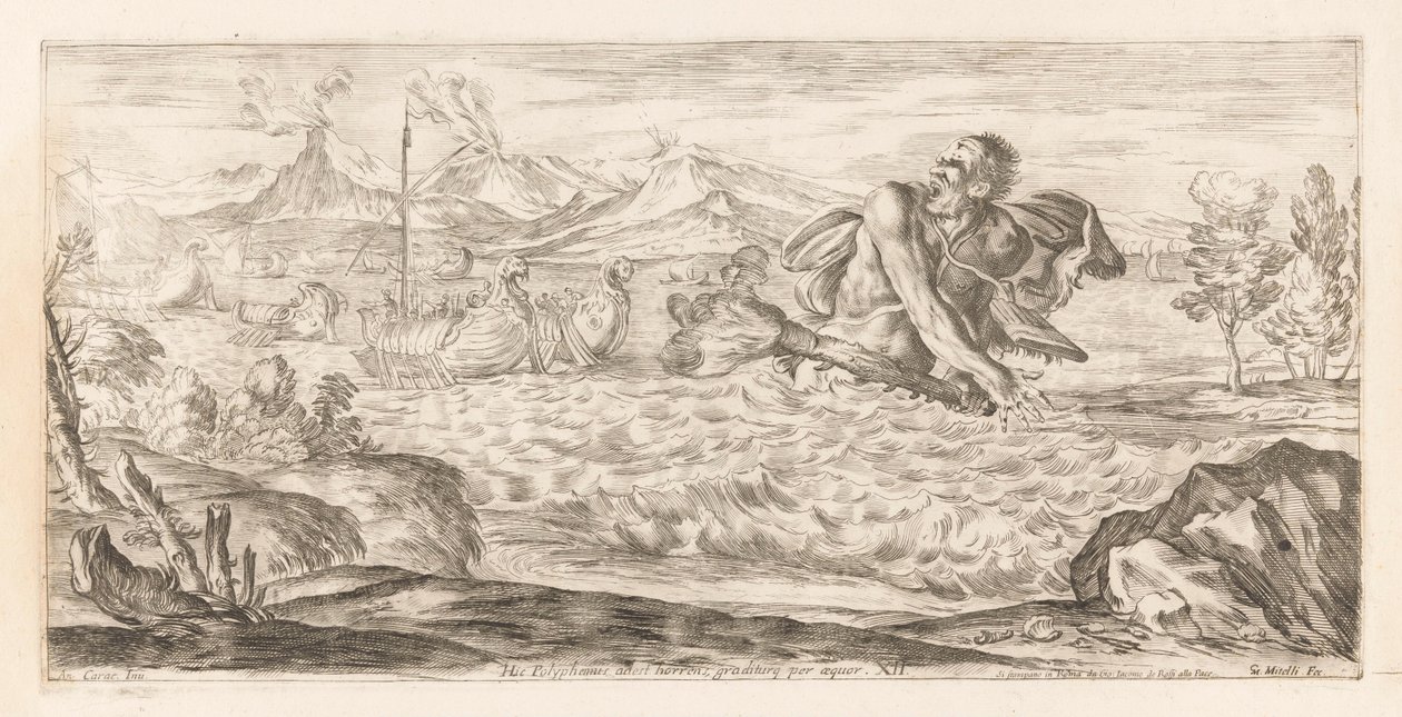 Polyphemus achtervolgt de vloot van Aeneas ここにポリュペーモスが存在し、恐ろしく、平原を大股で横切っています (オブジェクトのタイトル) Omzwervingen van Aeneas (シリーズタイトル) カラッチのレネア・ヴァガンテの絵画（シリーズタイトル） 作： ジュゼッペ・マリア・ミテリ