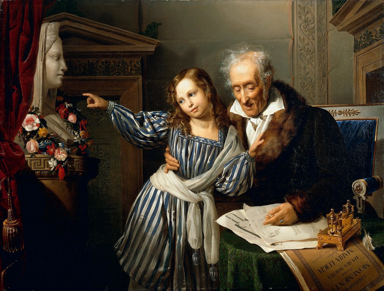 マリア・ルイジアナのヘルムを孫娘に指摘する老人、ジュゼッペ・モルテーニ作、1830年頃、油彩・キャンバス 作： ジュゼッペ・モルテーニ