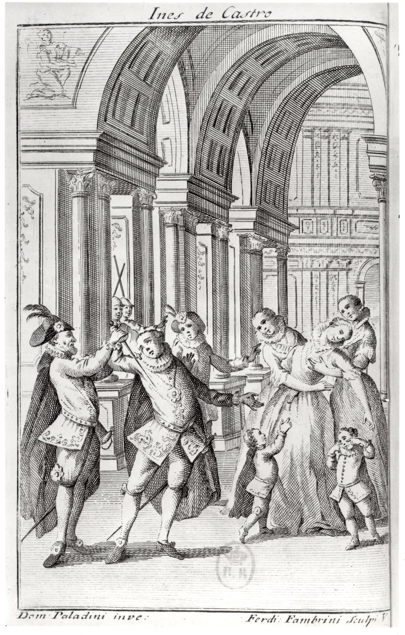 フェルディナンドファンブリニによって彫刻された、アントワーヌホウダーデラモット（1672-1731年）による「イネスデカストロ」の口絵のイラスト 作： ジュゼッペ・パラディーニ