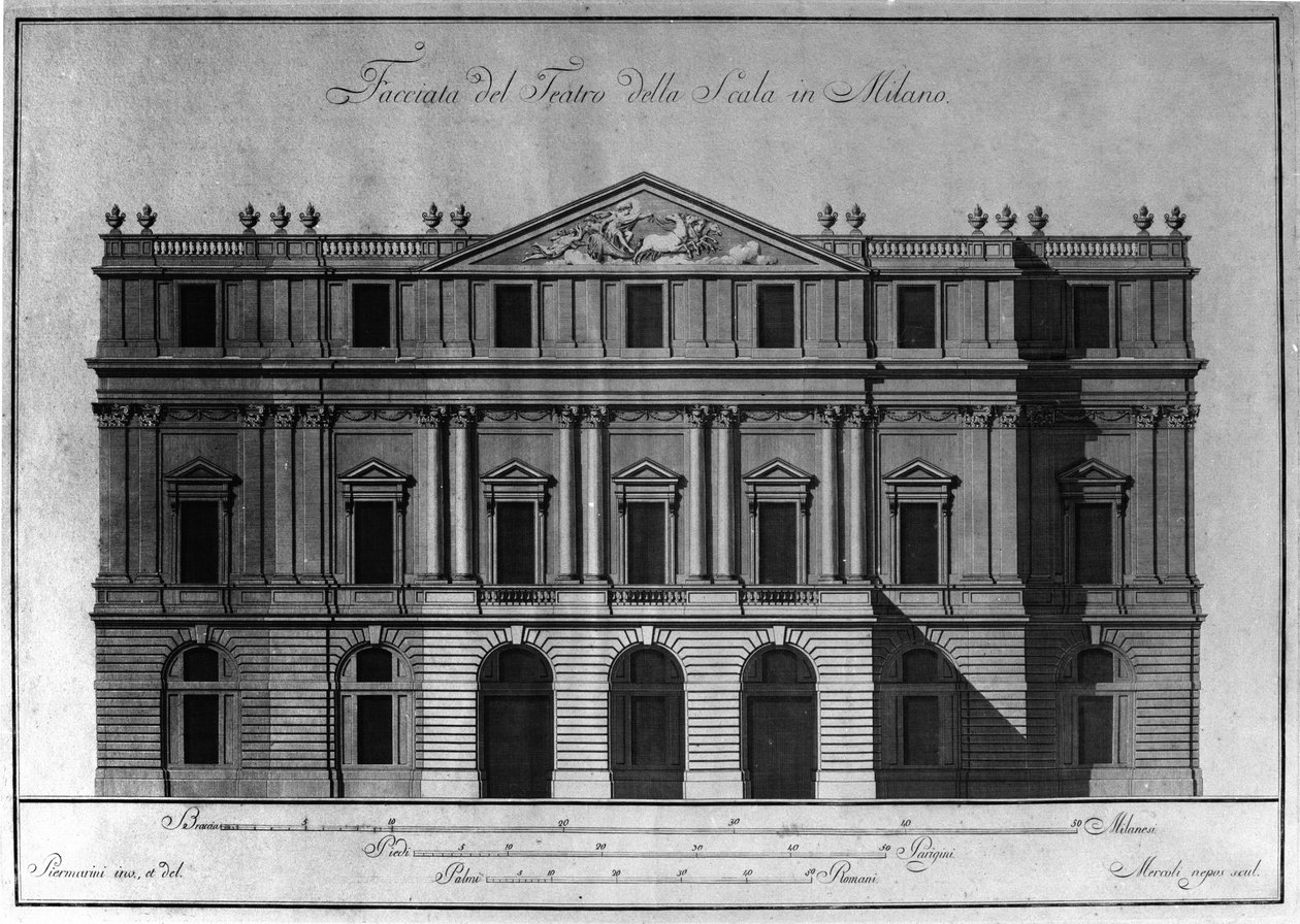 ジュゼッペ・ピエルマリーニ（1734-1808）が手がけたミラノ・スカラ座のファサードの外観建築の図面。 作： ジュゼッペピエルマリニ