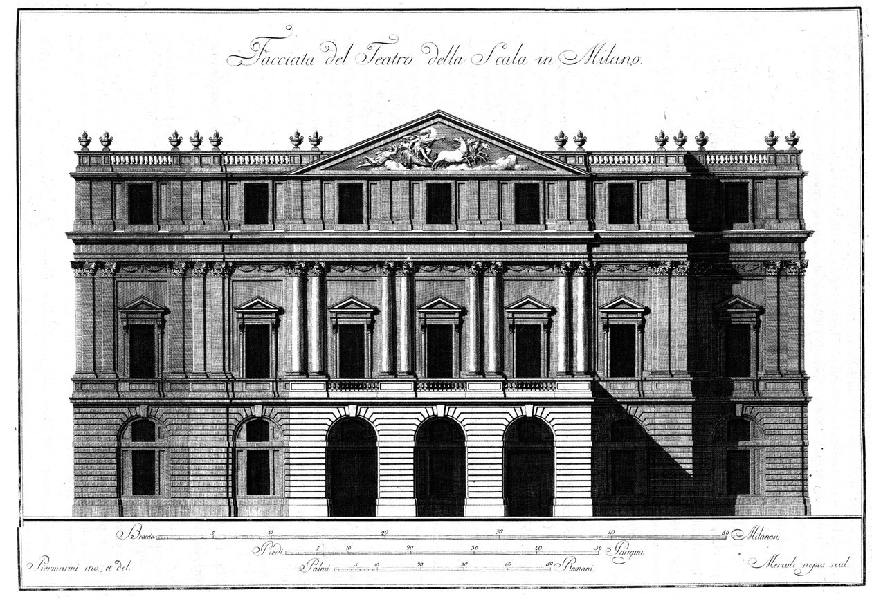 ジュゼッペ・ピエルマリーニ（1734-1808）が手がけたミラノ・スカラ座のファサードの外観建築の図面。 作： ジュゼッペピエルマリニ