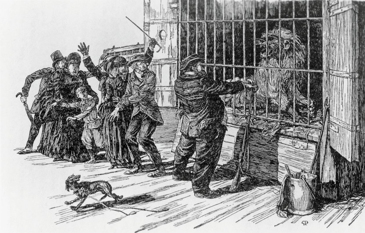 タルタリンとライオンの檻（アルフォンス・ドーデの『アルプスのタルタリン』の挿絵 ミラノ 作： ジュゼッペ・ポルチェドゥ