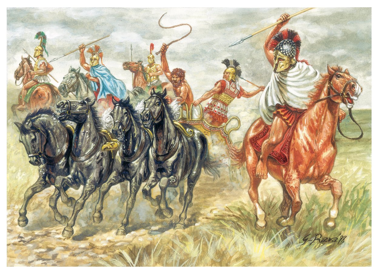 古代ギリシャギリシャの騎兵隊と戦車 - 古代ギリシャ：ギリシャの騎兵隊とイワナ - Illustration by Giuseppe Rava 作： ジュゼッペ・ラヴァ