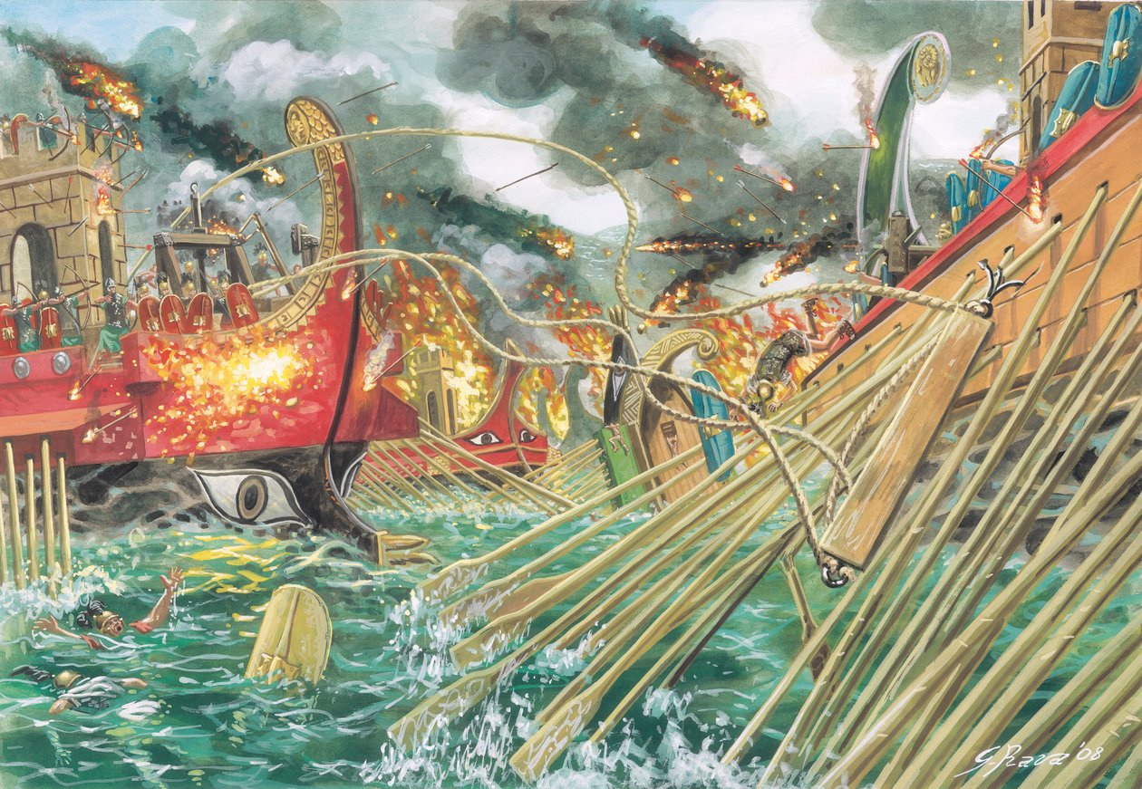 古代ローマ：紀元前31年9月2日、オクタヴィアヌスの軍勢とマルコ・アントニーとクレオパトラ7世の連合軍との間で戦われたアクティウムの戦い - イラスト：Giuseppe Rava 作： ジュゼッペ・ラヴァ