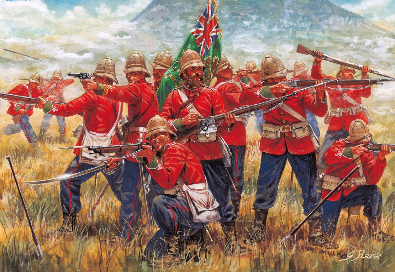 アングロ・ズールー戦争：1879年1月22日、南アフリカのイサンドルワナの戦いにおける大英帝国の兵士たち - アングロ・ズールー戦争：1879年1月22日、イサンドルワナの戦いにおける大英帝国の兵士たち - イラスト：ジュゼッペ・ラヴァ 作： ジュゼッペ・ラヴァ