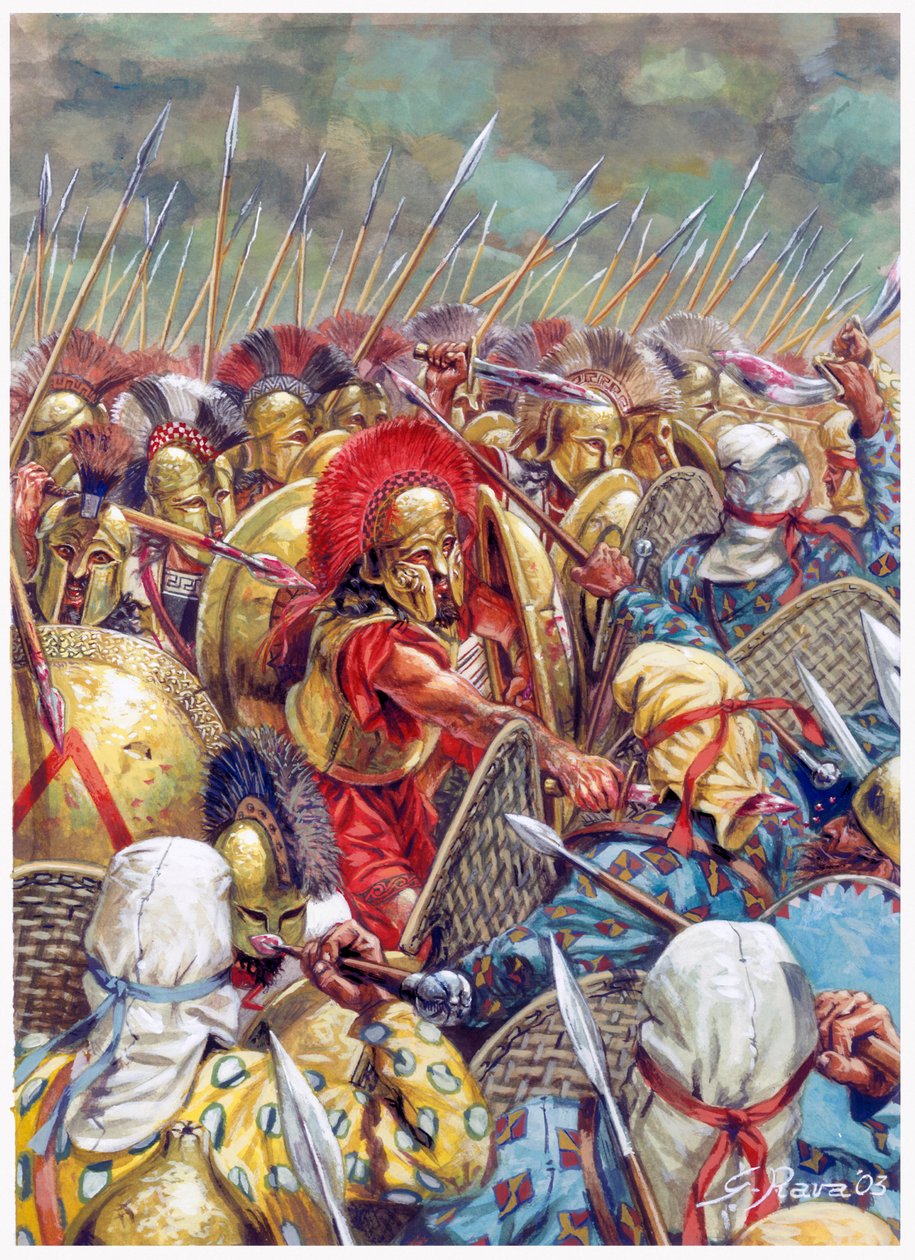 テルモピュライの戦い紀元前480年、レオニダス1世率いるスパルタ軍がギリシャ軍とともにペルシア軍と戦う（ペルシア戦争/テルモピュライの戦い 紀元前480年 - （戦いで倒れるスパルタ王レオニダスとその部下たち） - イラスト：Giusep 作： ジュゼッペ・ラヴァ