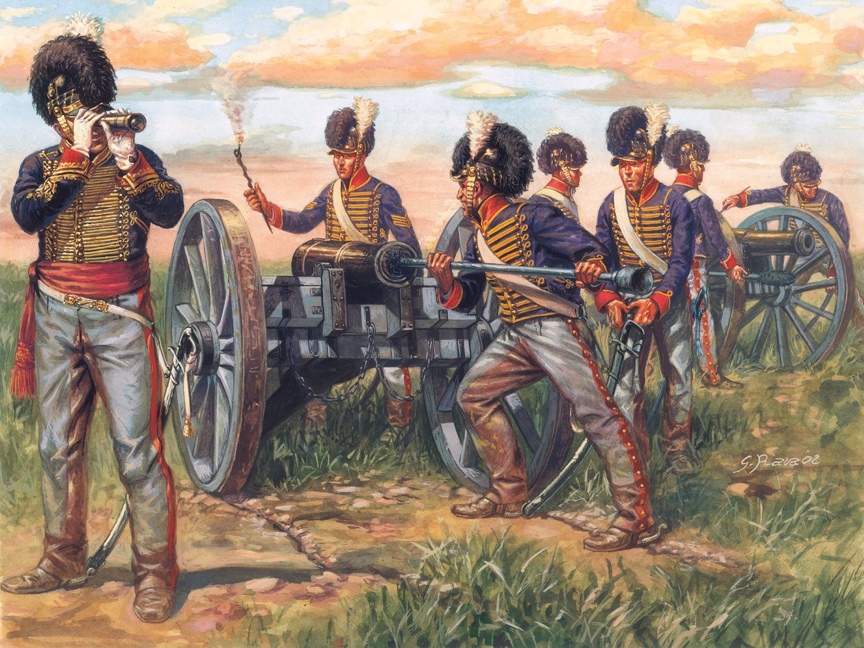 最初の帝国1815年、ワーテルローの戦いで大砲に装填するイギリス軍の大砲兵 - First empire: Soldiers from british army loading a cannon during battle of waterloo in 1815 - Illustration by Giuseppe Rava. 作： ジュゼッペ・ラヴァ