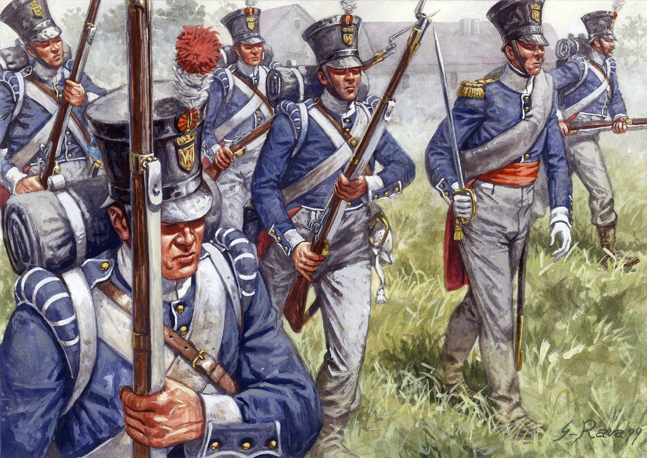 最初の帝国：1815年頃のベルギーまたはオランダの歩兵 - First empire: Belgian or dutch infantry - イラスト：Giuseppe Rava 作： ジュゼッペ・ラヴァ