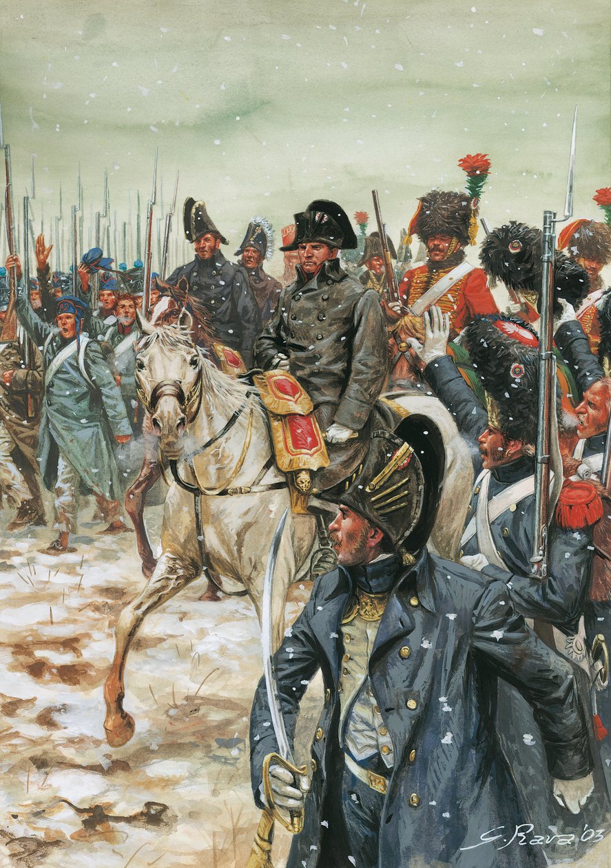 皇帝万歳皇帝ナポレオン1世（1769-1821）、1814年1月のフランス遠征中、馬が軍を取り囲む」-第6次連合戦争、フランスでの戦い、フランス遠征中、軍に取り囲まれる皇帝ナポレオン1世-イラスト：G 作： ジュゼッペ・ラヴァ