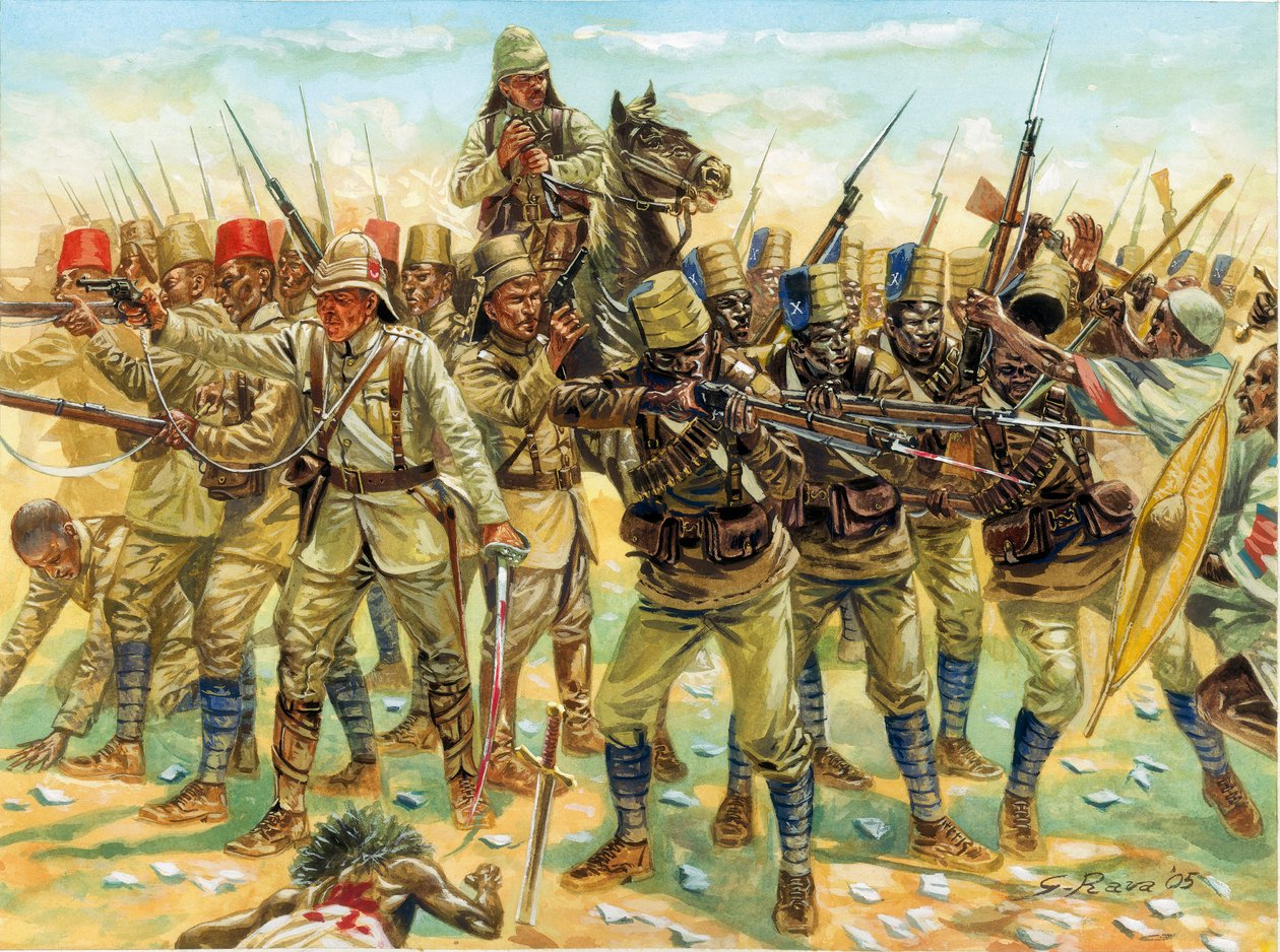 Mahdi-Aufstand (Sudan-Krieg) (1881-1899): Kräfte in der Schlacht von Omdurman (rechts die sudanesischen Derwische und links die anglo-ägyptische Armee) am 2.09.1898 von Giuseppe Rava