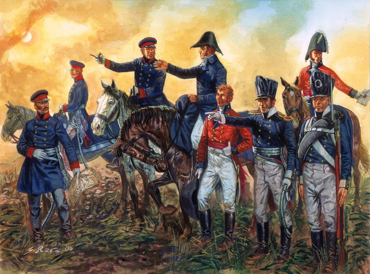 Napoleonische Kriege: Arthur Wellesley, Herzog von Wellington (1769-1852) kommandiert britische Truppen und Gebhard Leberecht von Blücher (1742-1819) kommandiert die preußische Armee in der Schlacht von Waterloo am 18. Juni 1815 (Illustration) von Giuseppe Rava