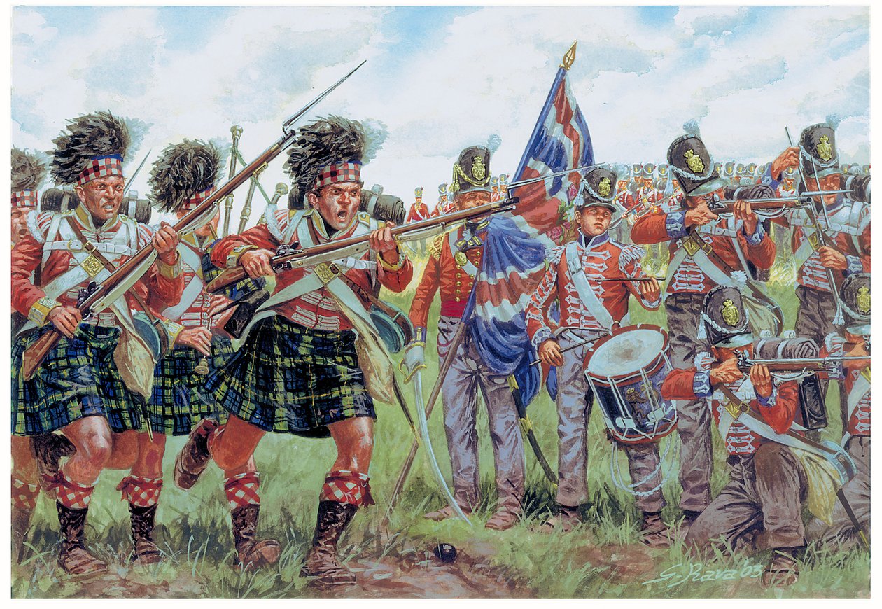 ナポレオン戦争：1815年6月18日、ワーテルローの戦いでのスコットランド兵とイギリス兵 イラスト：Giuseppe Rava 作： ジュゼッペ・ラヴァ
