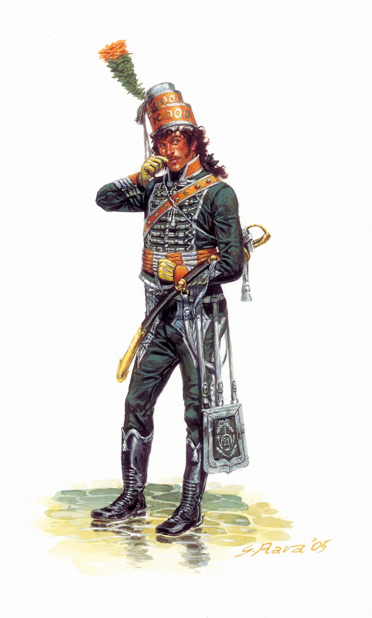 ヨアヒム・ミュラ（1767-1815）の猟師服を着た若い兵士の肖像 - 猟師服を着た若いヨアヒム・ミュラの肖像 - ジュゼッペ・ラヴァによるイラストレーション 作： ジュゼッペ・ラヴァ