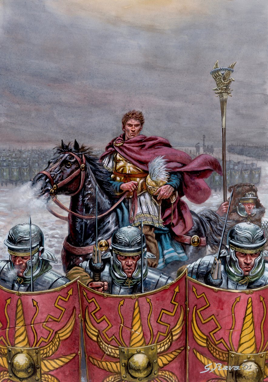 ローマ時代のアンティーク：西暦2世紀、スコットランドのハドリアヌスの城壁付近のローマ軍 - イラスト：Giuseppe Rava 作： ジュゼッペ・ラヴァ