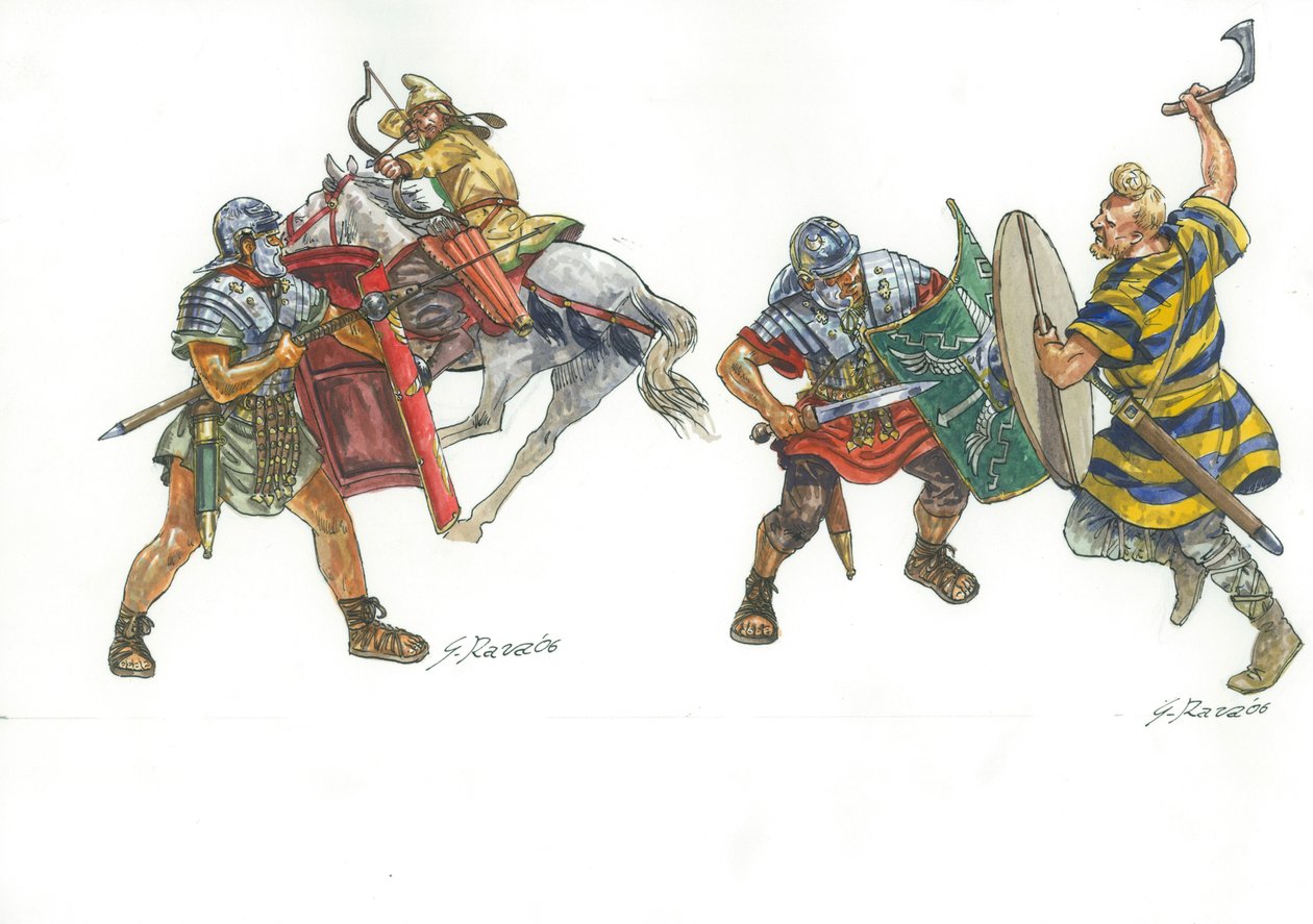 パルティアの騎乗弓兵とフランクの戦士と戦うローマ軍団 作： ジュゼッペ・ラヴァ