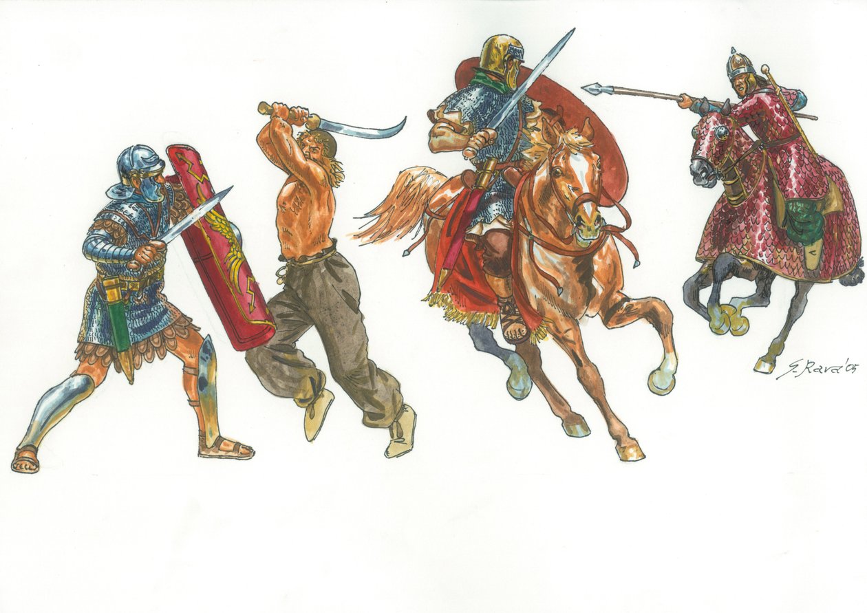 サルマティア人のカタフラクトと戦うダキア人の戦士とローマ騎兵と戦うローマ軍団兵 作： ジュゼッペ・ラヴァ