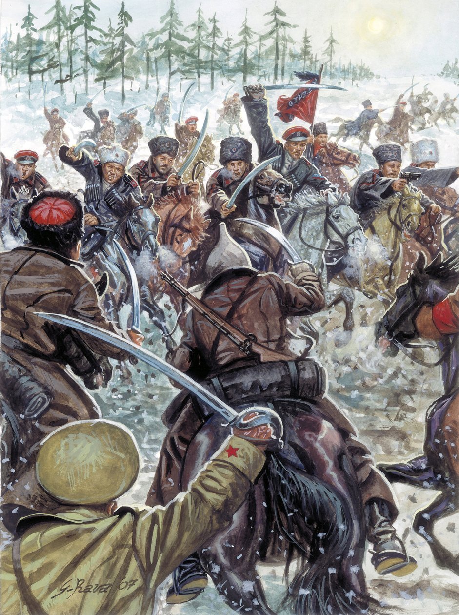 ロシア内戦（1917-1923）：1919年、白軍側のコーカサス兵 - ロシア内戦：1919年、白ロシア軍と戦うコサック - イラスト：Giuseppe Rava 作： ジュゼッペ・ラヴァ