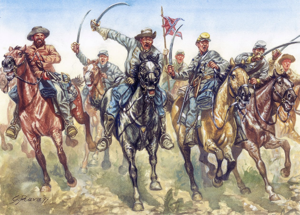 分離戦争（1861年～1865年） - アメリカ内戦：突撃する連合軍騎兵隊 - イラスト：Giuseppe Rava 作： ジュゼッペ・ラヴァ
