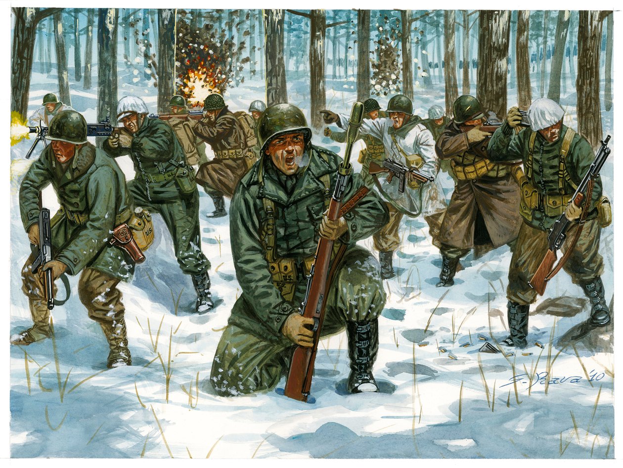 第二次世界大戦：アルデンヌの戦いにおけるアメリカ歩兵の攻勢（バストーニュ、1944年12月） - 第二次世界大戦：バルジの戦いにおけるアメリカ歩兵の攻勢（バルジ、1944年12月） - イラスト：Giuseppe Rava 作： ジュゼッペ・ラヴァ
