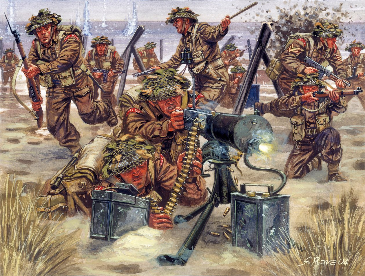 第二次世界大戦：1944年6月、ノルマンディー上陸作戦、イギリス兵 - WWII：ノルマンディー上陸作戦、イギリス軍、1944年6月6日 - イラスト：Giuseppe Rava 作： ジュゼッペ・ラヴァ