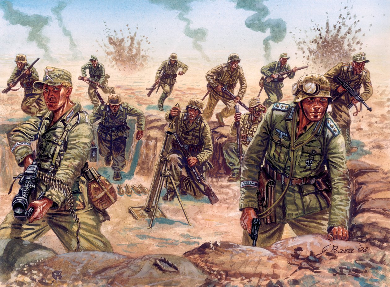 第二次世界大戦、北アフリカ作戦：リビア砂漠でドイツ遠征軍アフリカコルプス（Afrikakorps、Afrikakorps、DAK）の兵士。 作： ジュゼッペ・ラヴァ