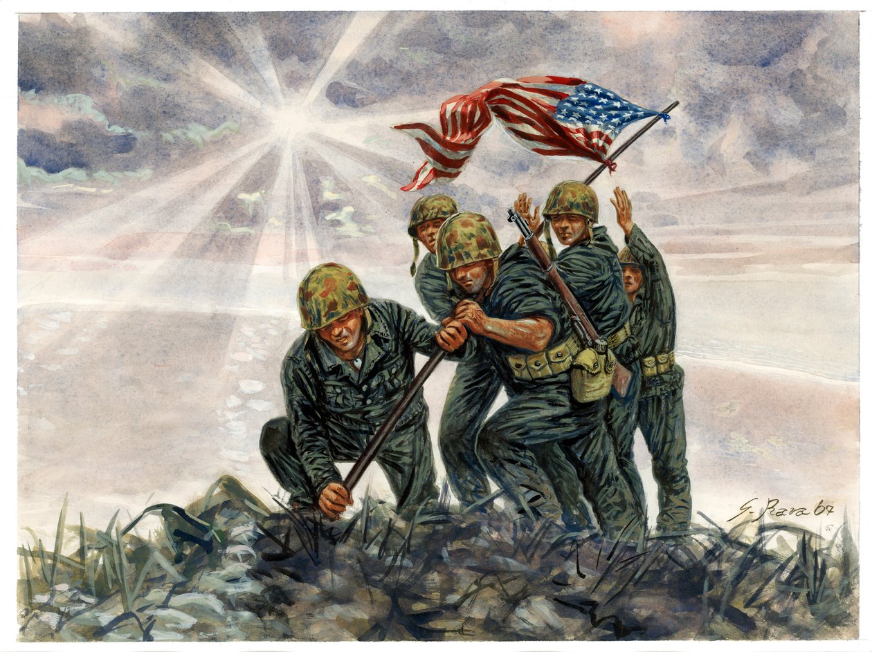 第二次世界大戦、太平洋戦争：硫黄島の戦い、アメリカ海兵隊の勝利、1945年2月 - WWII, Pacific war：硫黄島の戦い（離島作戦）、アメリカ国旗を掲げるアメリカ海兵隊員、1945年2月、日本 - イラスト：Giuseppe Rava 作： ジュゼッペ・ラヴァ