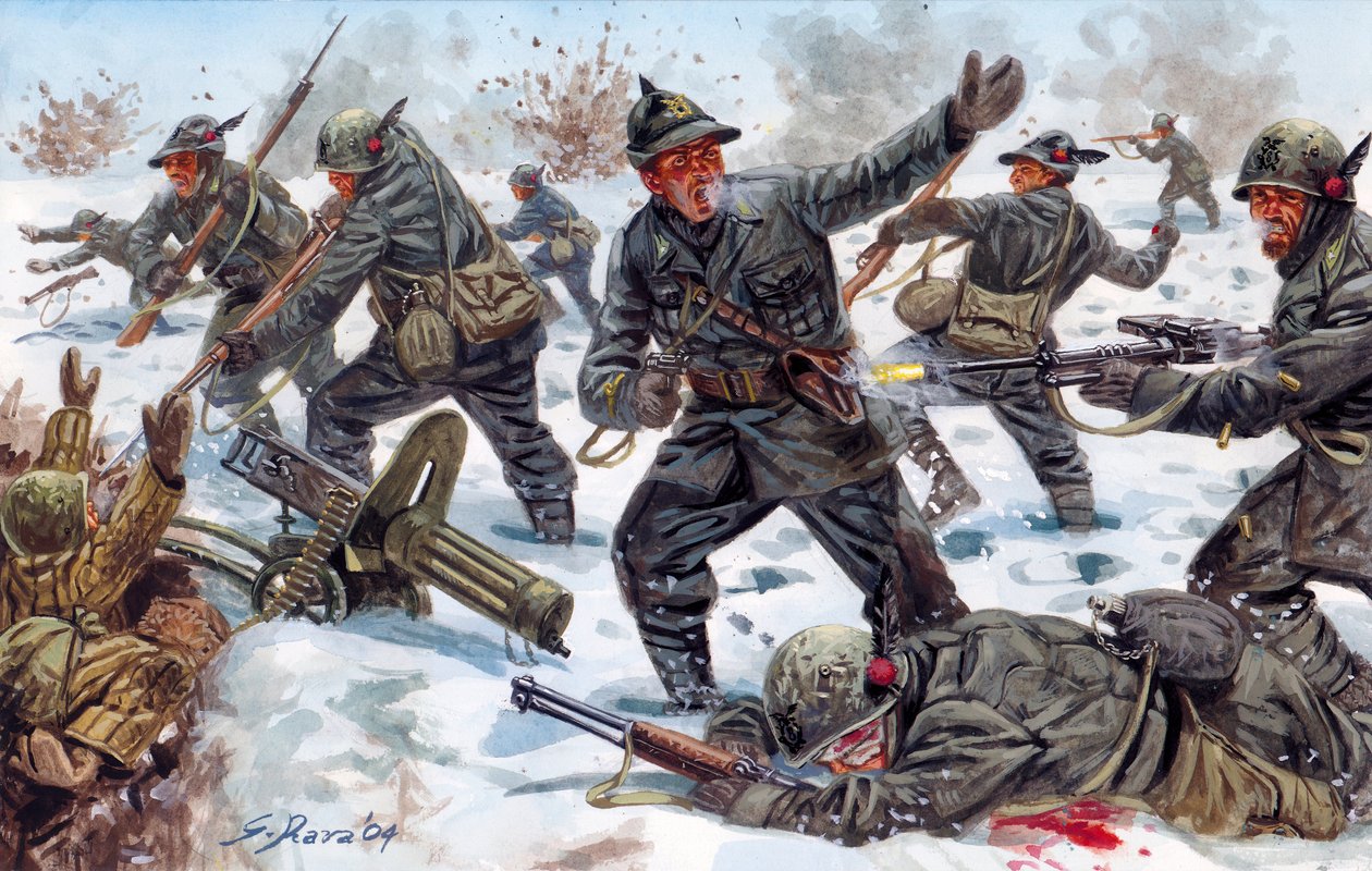 第二次世界大戦、ロシア戦線：第二次世界大戦、ロシア戦線：1943年1月、ロシアにおけるイタリアのアルパイン・ハンター - ジュゼッペ・ラヴァによるイラストレーション 作： ジュゼッペ・ラヴァ