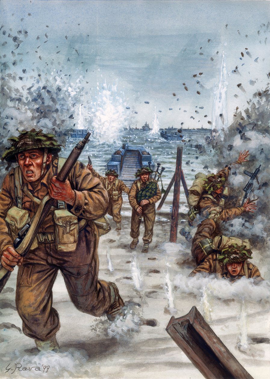 第二次世界大戦：ノルマンディー上陸作戦中のスコットランド兵 1944年6月6日 - WWII, D day：1944年6月6日、ノルマンディー上陸の日のスコットランド兵 - イラスト：Giuseppe Rava 作： ジュゼッペ・ラヴァ