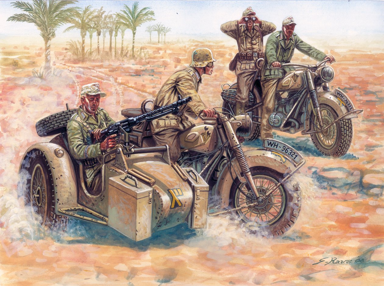 第二次世界大戦：リビアの砂漠をサイドカーで転がるドイツ・アフリカ軍（DAK Afrika Korps） BMW 作： ジュゼッペ・ラヴァ