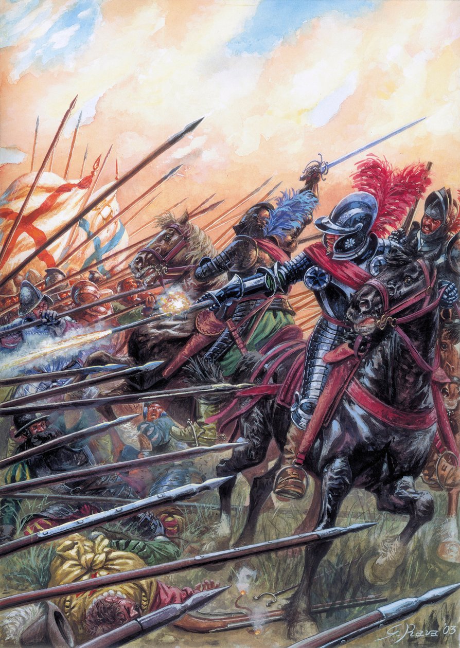 宗教戦争1590年3月14日のイヴリーの戦いで、王室軍はカトリック同盟に勝利した - フランス宗教戦争中の1590年3月14日に祝われたイヴリーの戦い - イラスト：ジュゼッペ・ラヴァ 作： ジュゼッペ・ラヴァ