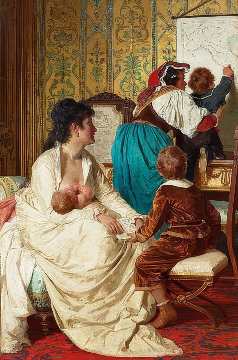 良いお母さんの喜び（Le gioie della buona mamma）。 1877 作： ジュゼッペ・シウティ