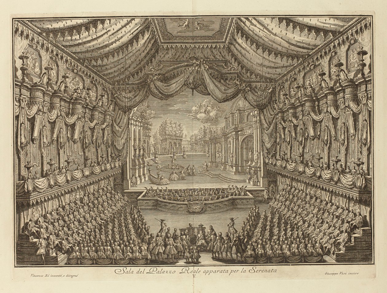 ナポリ王宮での「ラ・セレナータ」の演奏 par Vasi, Giuseppe (1710-1782).銅版画、サイズ：41.5x62 作： ジュゼッペ・ヴァシ