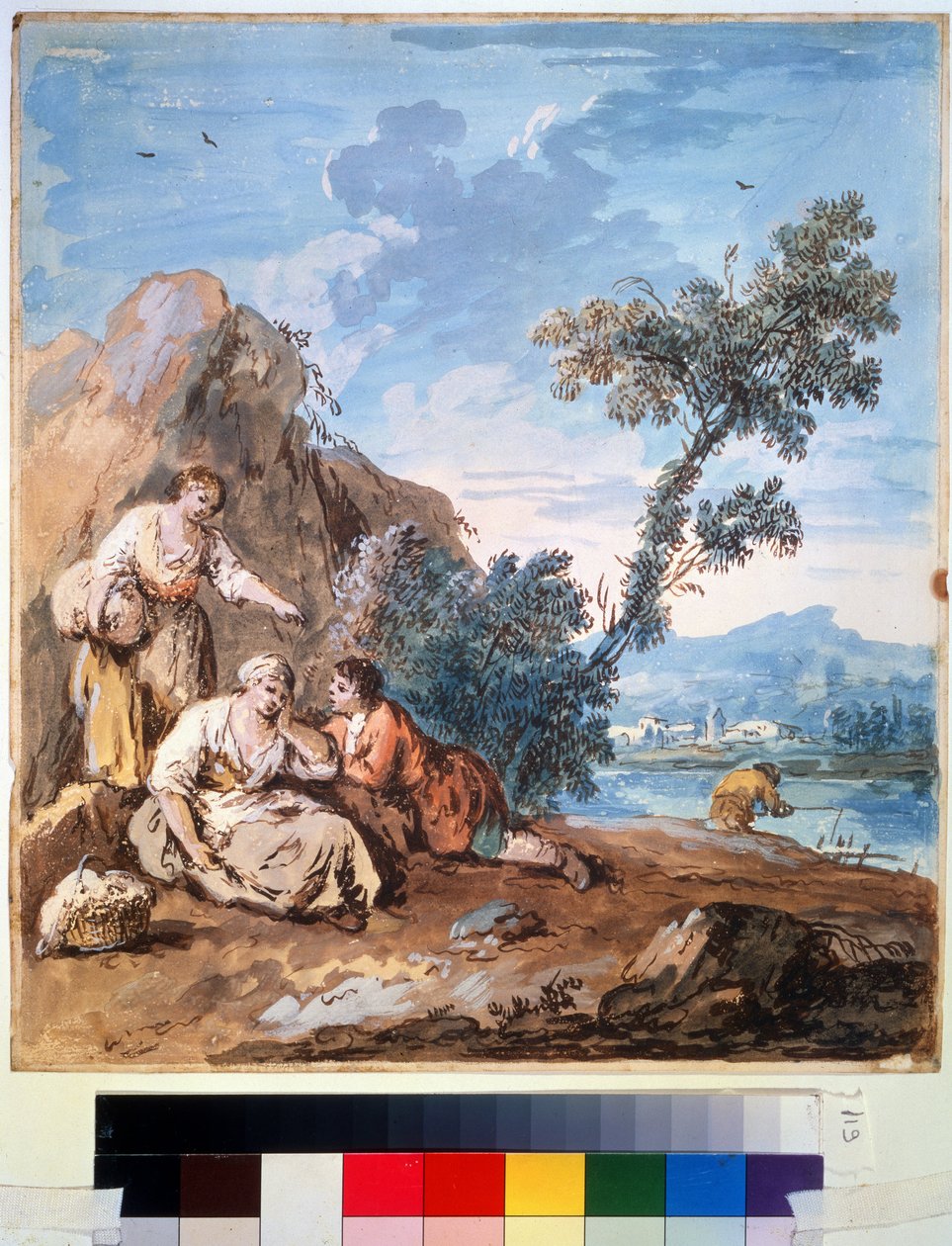 川岸で休む 3 人の農民。 ジュゼッペ・ザイス (1709-1784) の絵画。 紙に水彩、29.5 x 26.2 cm、1750 年頃。ヴェネツィア派、18 世紀のイタリア絵画。 プーシキン美術館、 作： ジュゼッペ・ザイス