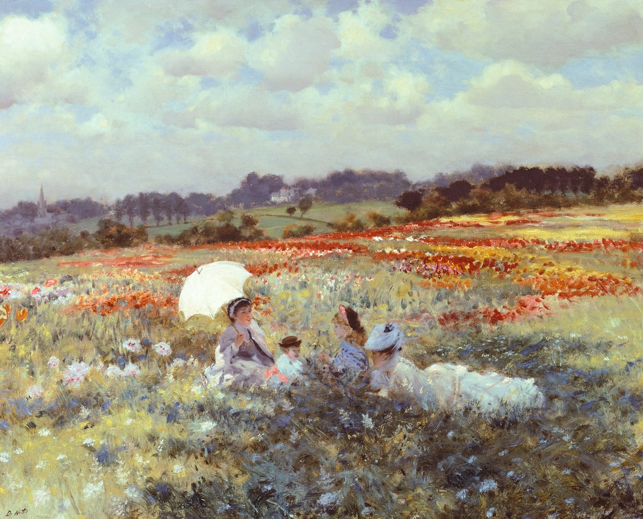ジュゼッペ・デ・ニッティス（18461884）の「ロンドン近郊の畑」。