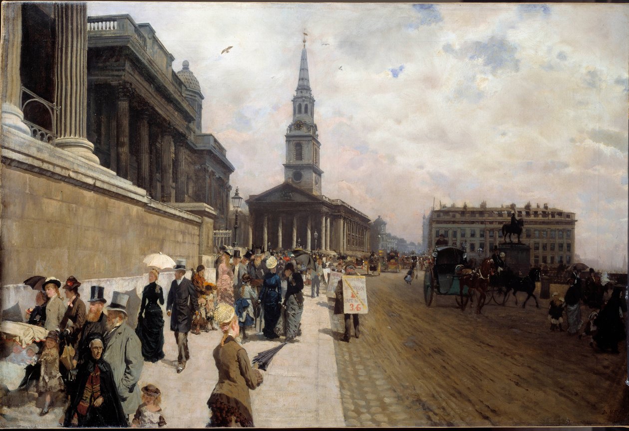 ロンドンのナショナル・ギャラリーとセント・マーティンズ教会 ジュゼッペ・デ・ニッティス（1846-1884）の絵画 作： ジュゼッペまたはジョセフ・ド・ニッティス