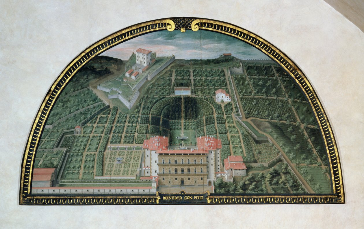 1599年にメディチ家の別荘の景色を描いた一連のルネットからのベルヴェデーレ要塞とピッティ宮殿、1599年（パネル上のテンペラ） 作： ジュスト・ユーテンス