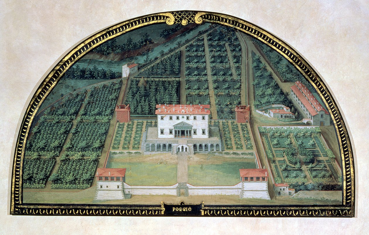 メディチ家の別荘の景色を描いたルネッテシリーズのヴィラポッジョアカイアーノ、1599年（テンペラ、パネル） 作： ジュスト・ユーテンス