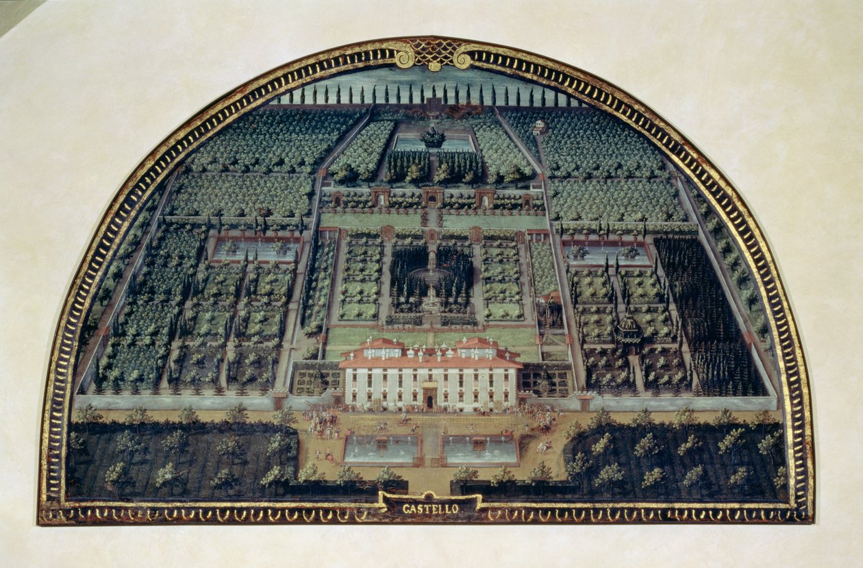 1599年にメディチ家の別荘の景色を描いたルネッテシリーズのヴィラディカステッロ（パネル上のテンペラ） 作： ジュスト・ユーテンス