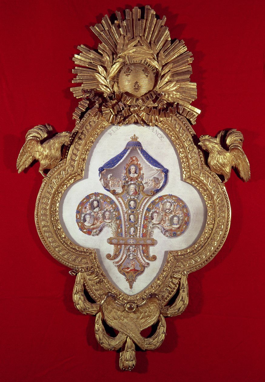 フルールドフランス、ルイ15世（1710-74）とその子孫の13の肖像画を含む家系図の木、1765年のフルールドリス形のフレーム（金とエナメル） 作： Glokeur de Surchamps