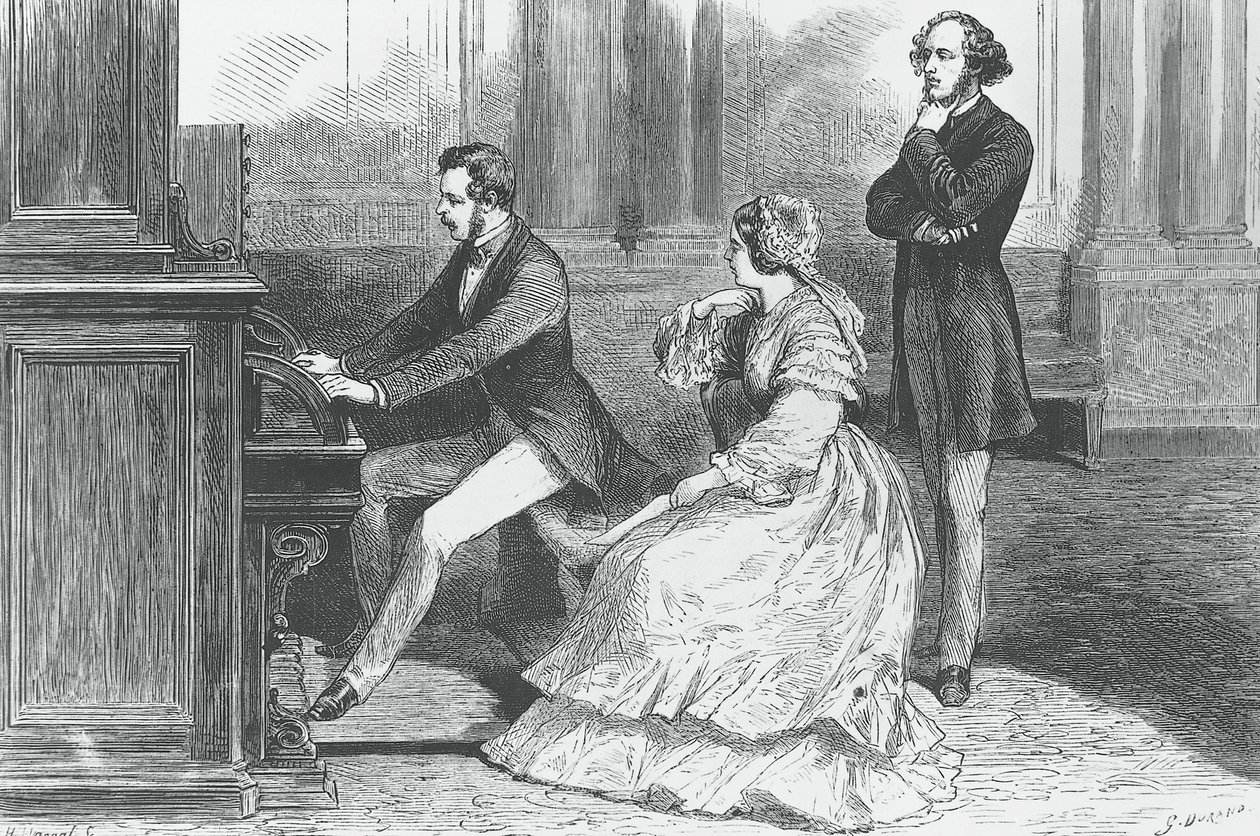 ヴィクトリア女王とフェリックス・メンデルスゾーン・バートルディ (1809-1847) の前で演奏するザクセンのアルバート王子、彫刻 作： ゴドフロワデュラン