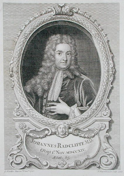 ジョン・ラドクリフ（1650-1714）の肖像（ピエール・フルドリニエール（d.1758）が彫った「ラドクリフ図書館の平面図、断面図、立面図」より） 1747年（エングレーヴィング 作： ゴッドフリー（後）クネラー