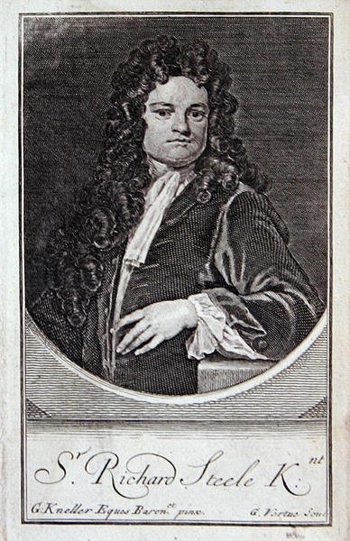 リチャード・スティールの肖像、「The Dramatic Works of Richard Steele」の表紙、ジョージ・ヴァーチュ（1684-1756）の彫刻、ロンドン 作： ゴッドフリー（後）クネラー