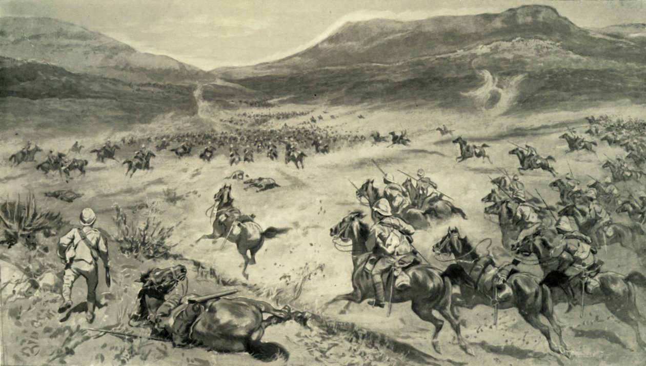 「キンバリーの前にボーア人が行った最後の抵抗-英国騎兵隊の突撃」、1900 作： ゴッドフリー・ダグラス・ジャイルズ
