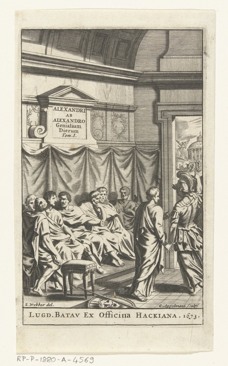 Titelpagina voor Alexander ab Alexander, Genialium dierum, deel 1, 1673 作： Gonsales Appelmans（に起因）